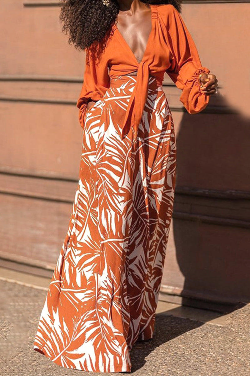Work Print Patchwork V Neck Long Sleeve Two Pieces