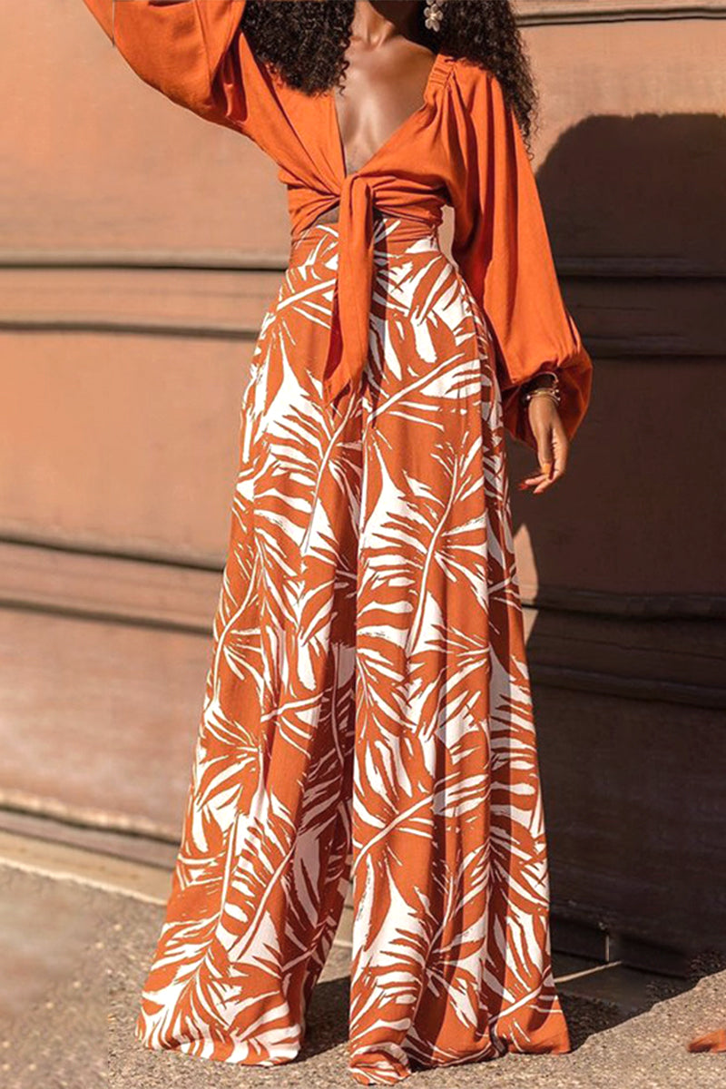 Work Print Patchwork V Neck Long Sleeve Two Pieces