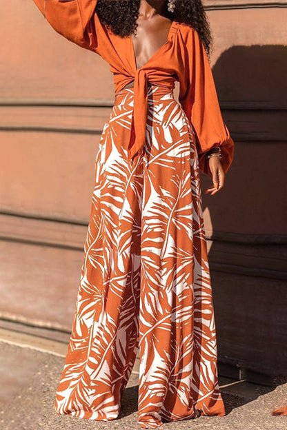Work Print Patchwork V Neck Long Sleeve Two Pieces