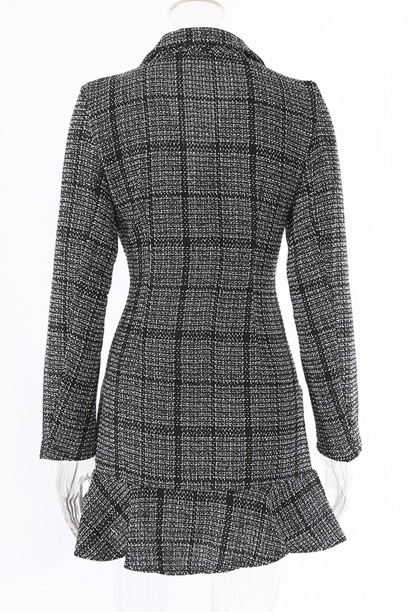Celebrities Plaid Patchwork Turn-back Collar Waist Skirt Dresses
