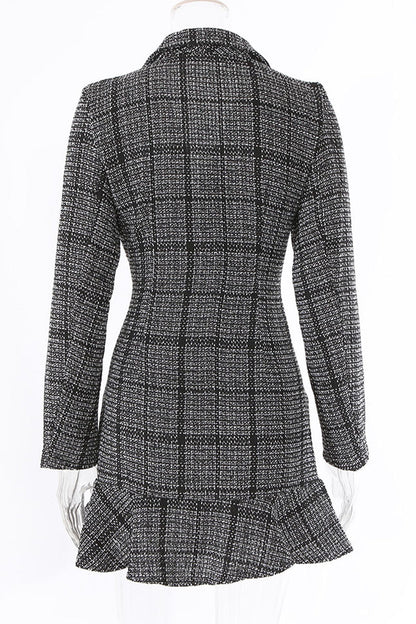 Celebrities Plaid Patchwork Turn-back Collar Waist Skirt Dresses