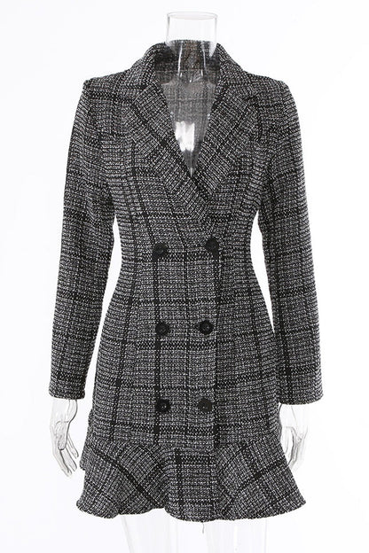 Celebrities Plaid Patchwork Turn-back Collar Waist Skirt Dresses