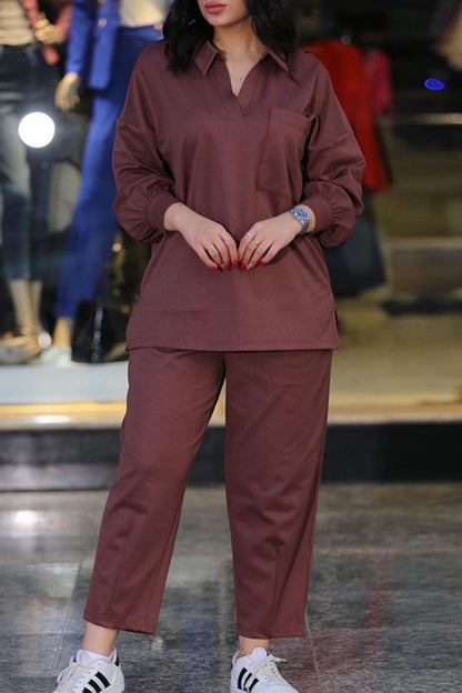Patchwork Turndown Collar Long Sleeve Two Pieces