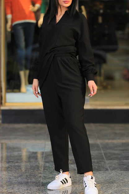 Patchwork Turndown Collar Long Sleeve Two Pieces
