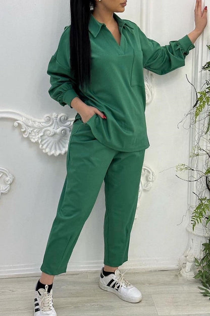 Patchwork Turndown Collar Long Sleeve Two Pieces