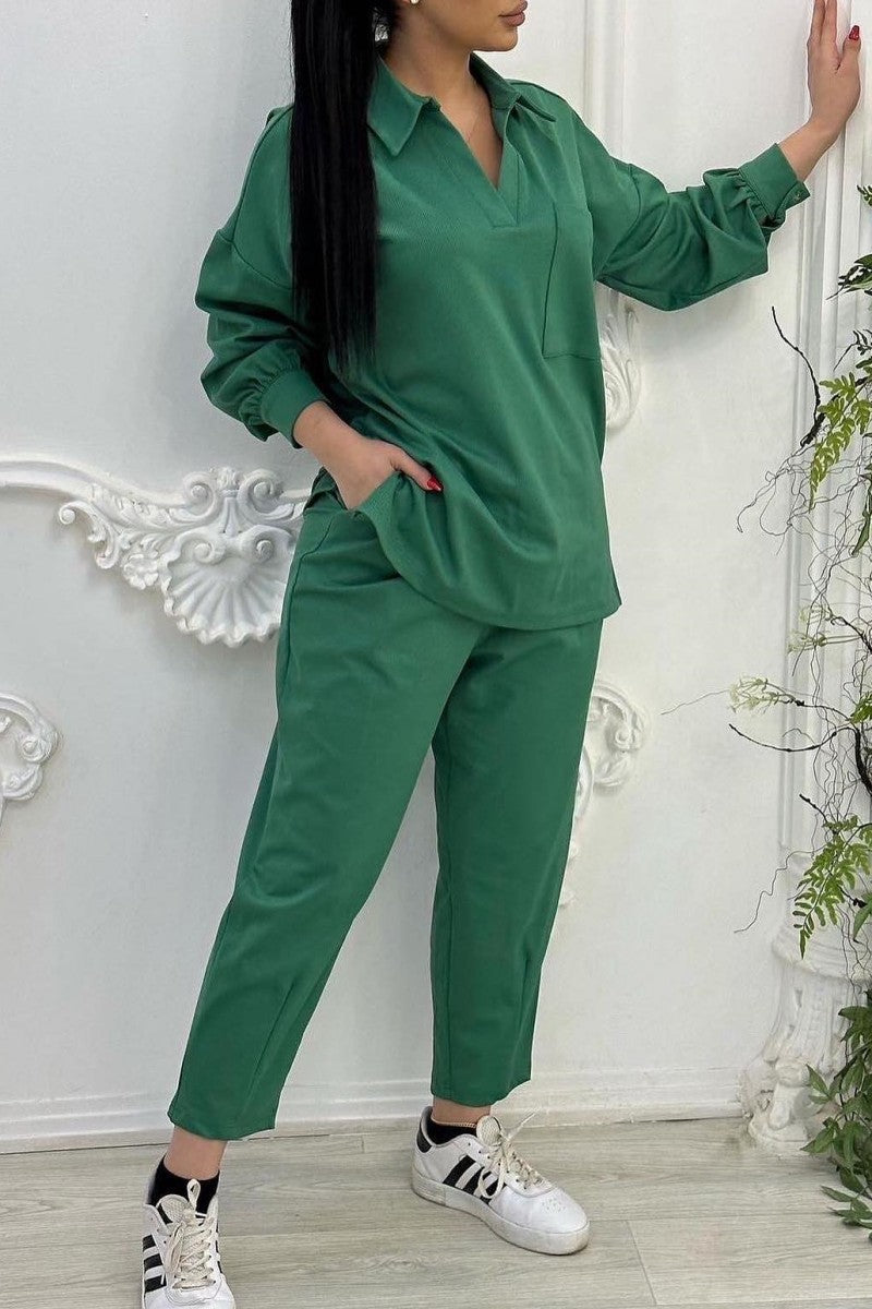 Patchwork Turndown Collar Long Sleeve Two Pieces