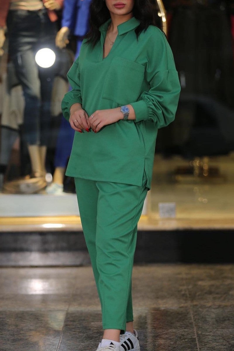 Patchwork Turndown Collar Long Sleeve Two Pieces