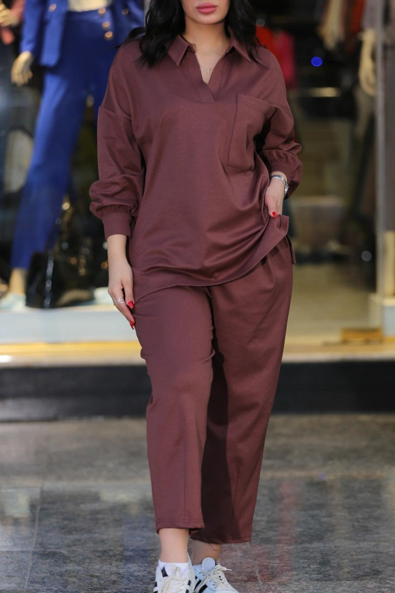 Patchwork Turndown Collar Long Sleeve Two Pieces