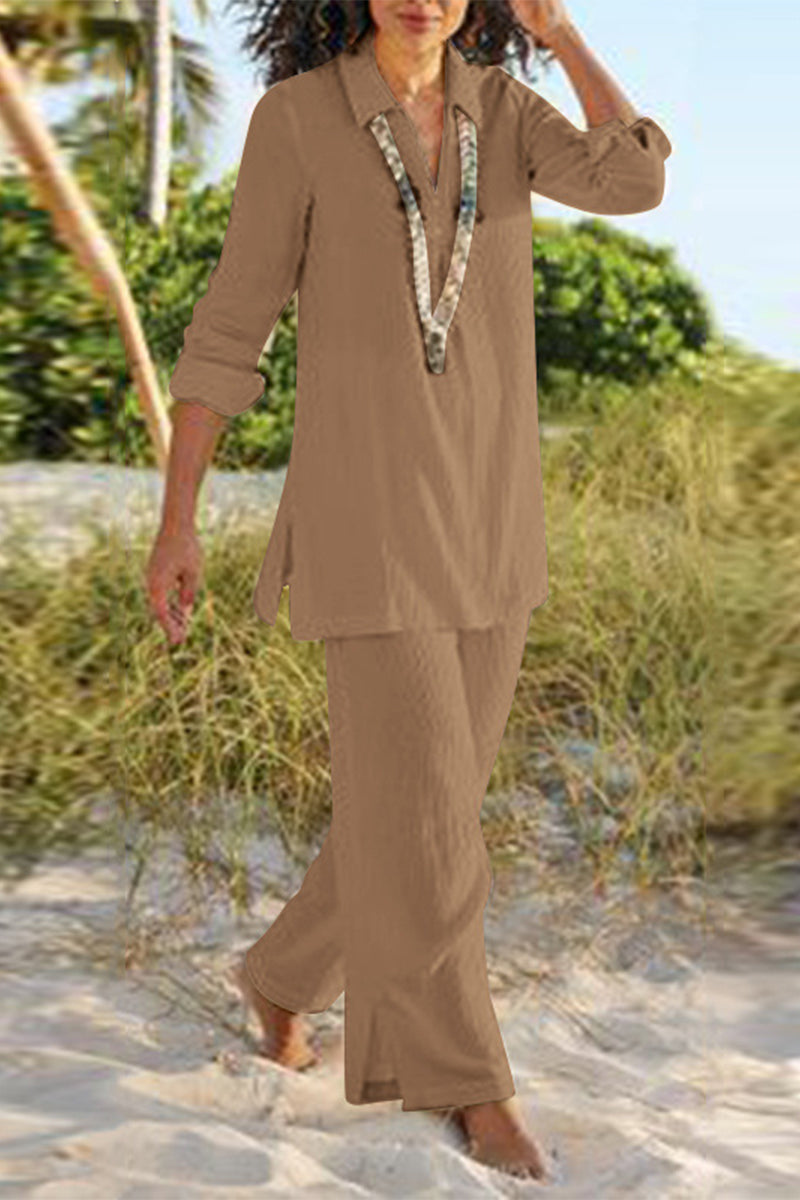 Slit V Neck Long Sleeve Two Pieces