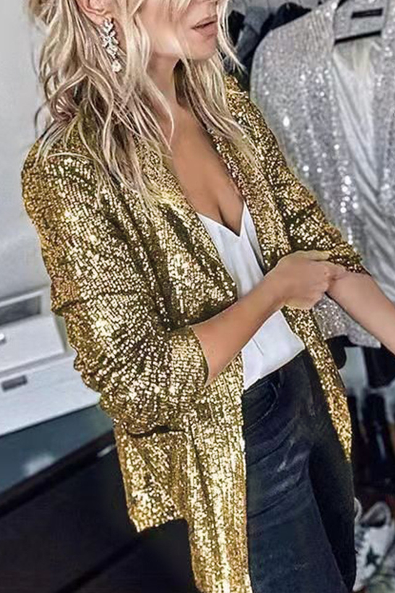 Street Patchwork Sequins Cardigan Collar Outerwear(4 Colors)