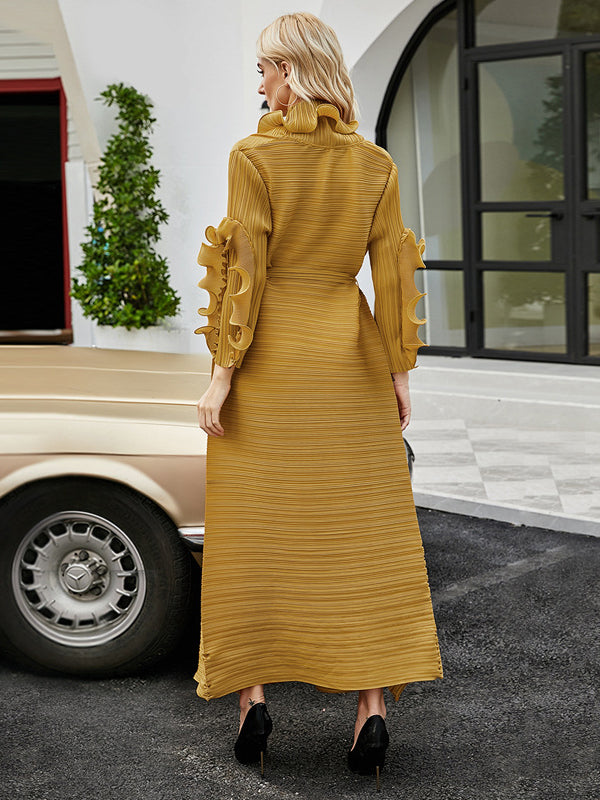 Original Loose Long Sleeves Tied Pleated Falbala Color V-neck Maxi Dresses