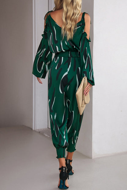 Striped Dot Patchwork V Neck Jumpsuits
