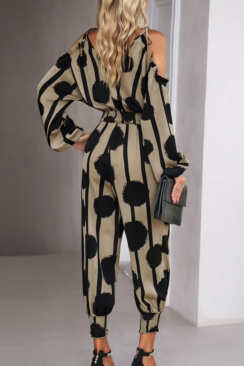 Striped Dot Patchwork V Neck Jumpsuits
