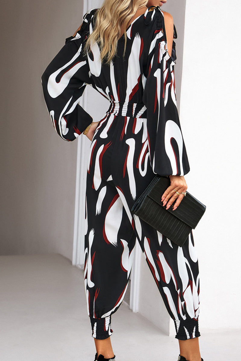 Striped Dot Patchwork V Neck Jumpsuits