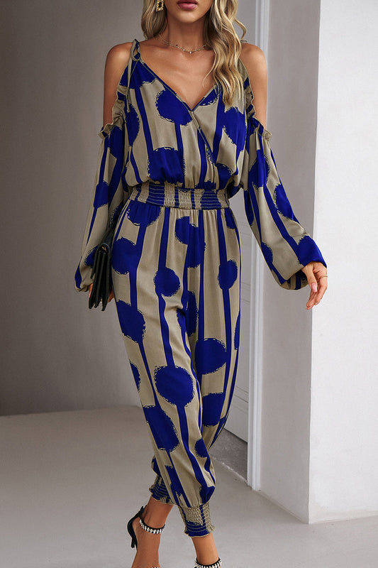 Striped Dot Patchwork V Neck Jumpsuits