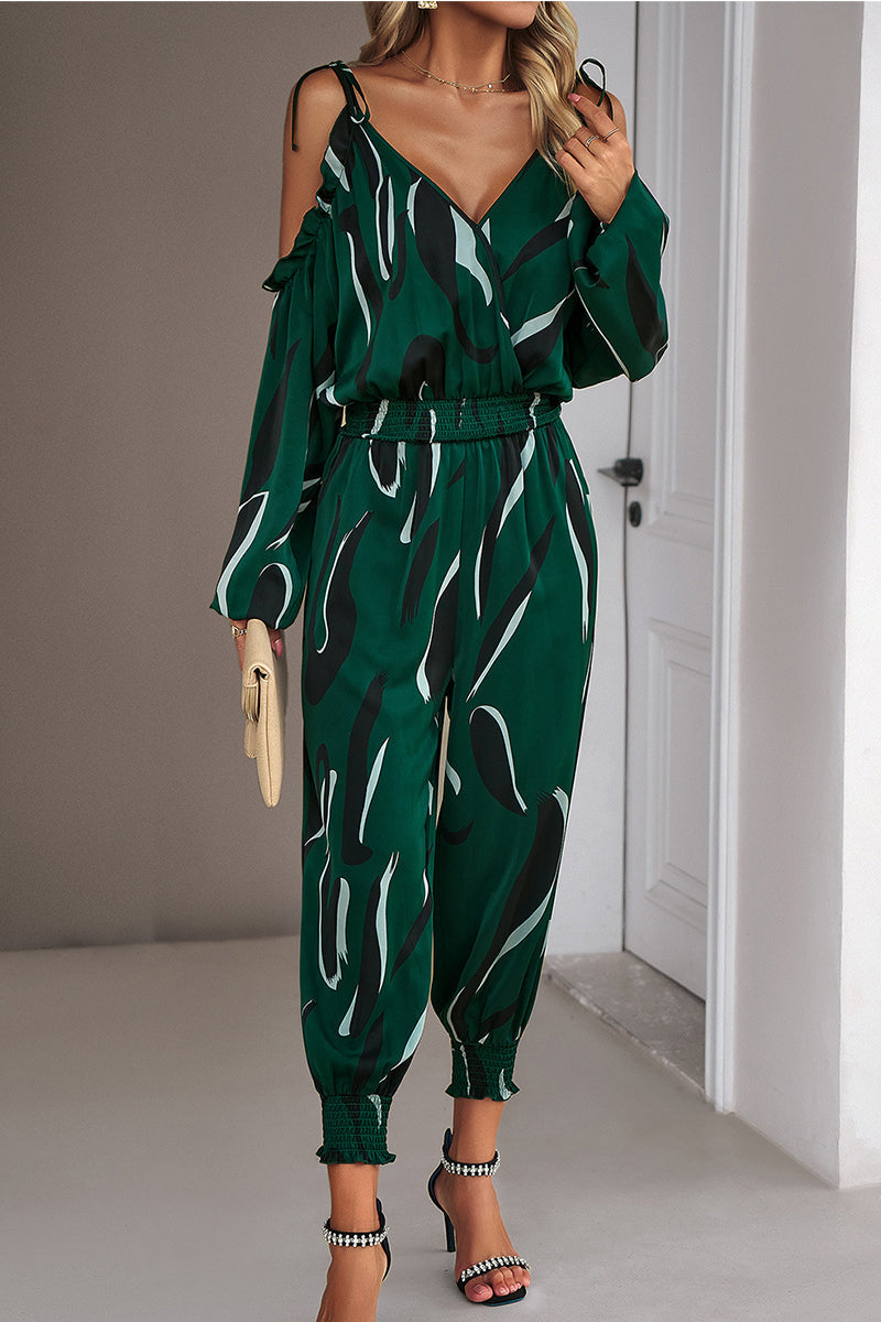 Striped Dot Patchwork V Neck Jumpsuits