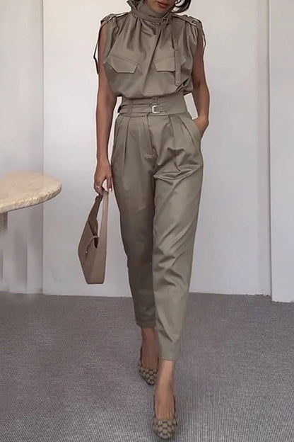 Street Patchwork Turtleneck Regular Jumpsuits