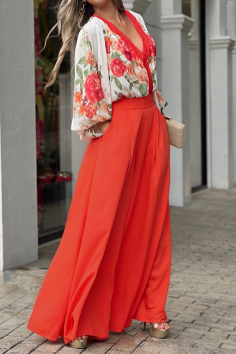 Pocket V Neck Long Sleeve Two Pieces