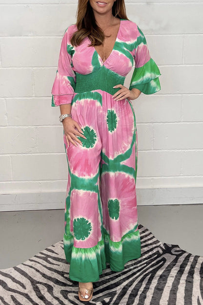 College Print Patchwork V Neck Loose Jumpsuits
