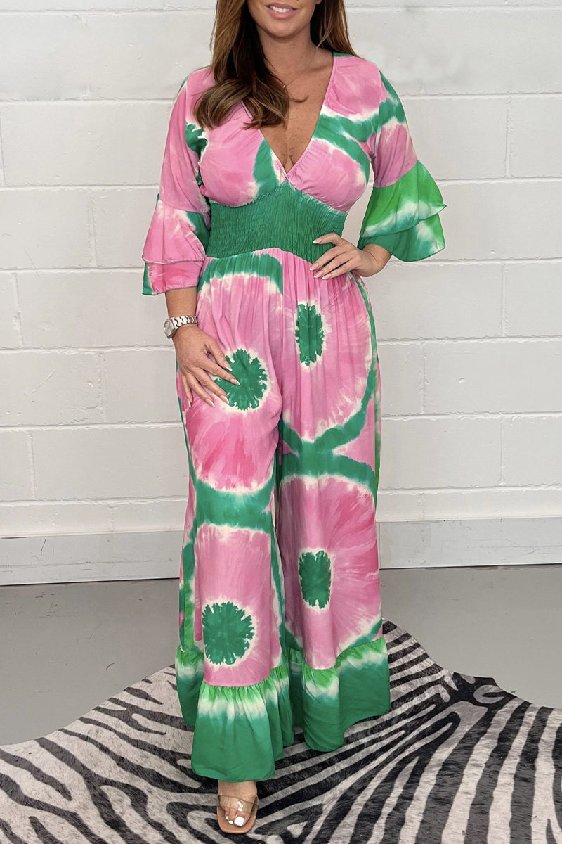 College Print Patchwork V Neck Loose Jumpsuits