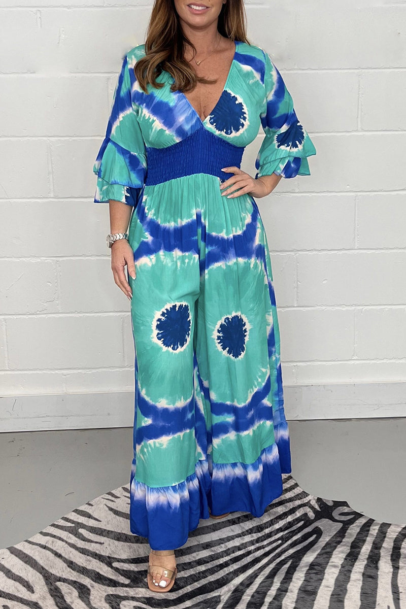College Print Patchwork V Neck Loose Jumpsuits