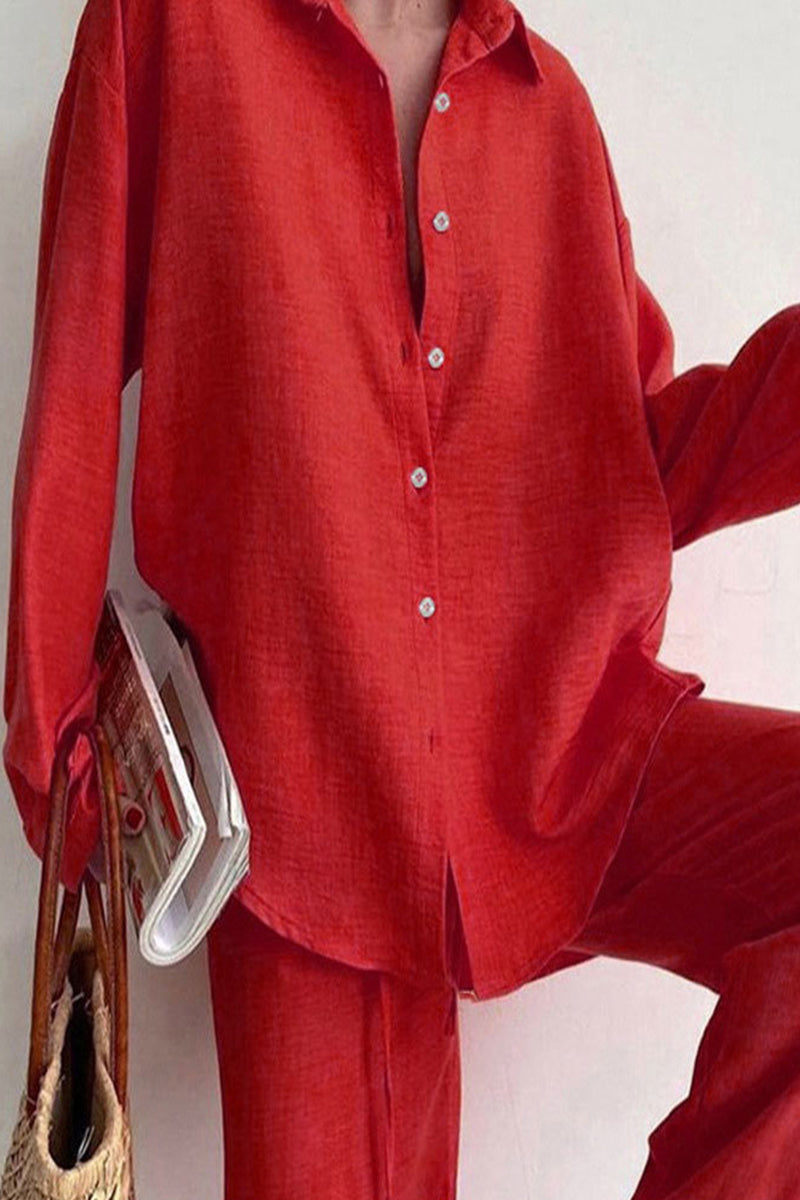 Frenulum Buttons Turndown Collar Long Sleeve Two Pieces