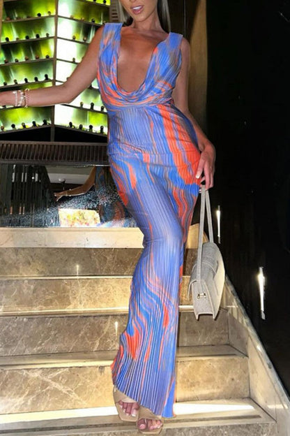 Print Backless V Neck Long Dress Dresses