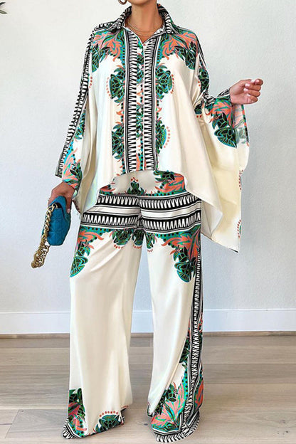 Print Patchwork Buckle Turndown Collar Long Sleeve Two Pieces