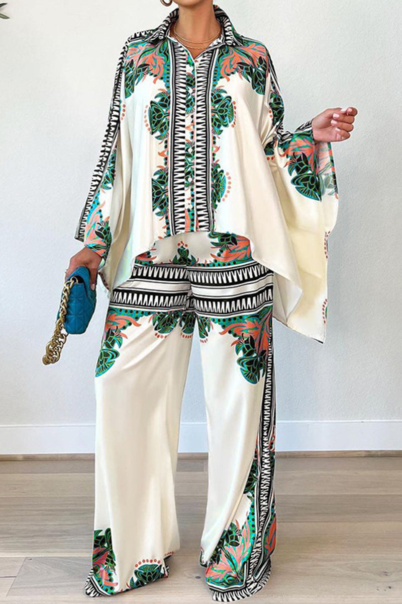 Print Patchwork Buckle Turndown Collar Long Sleeve Two Pieces