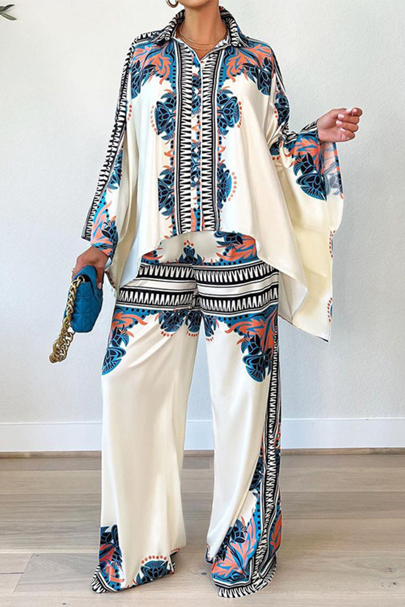 Print Patchwork Buckle Turndown Collar Long Sleeve Two Pieces