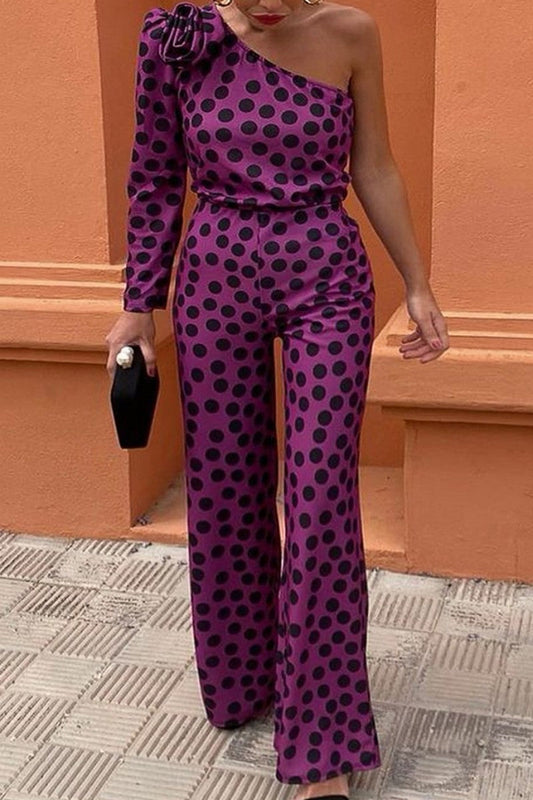 Dot Print Backless Oblique Collar Regular Jumpsuits