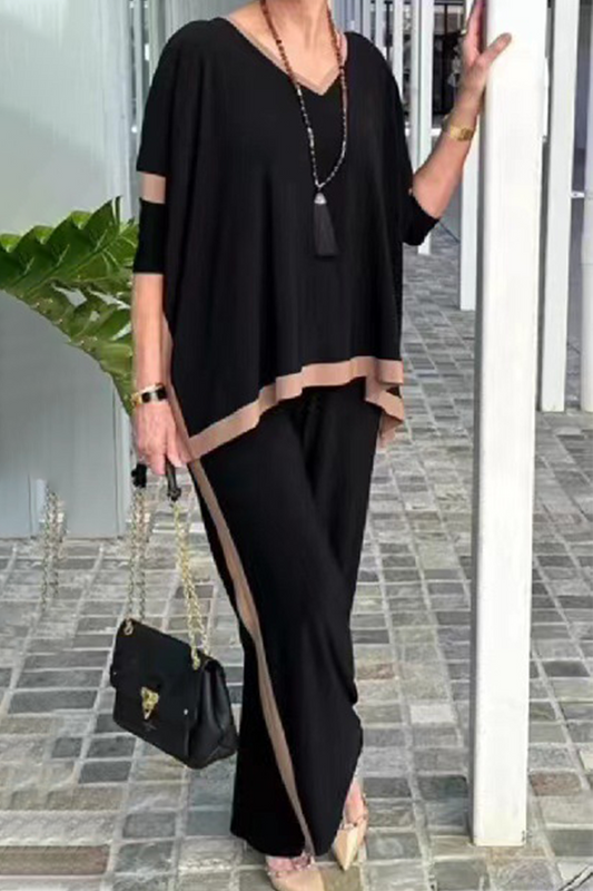 Patchwork V Neck Half Sleeve Two Pieces