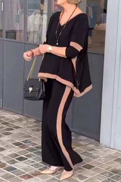 Patchwork V Neck Half Sleeve Two Pieces
