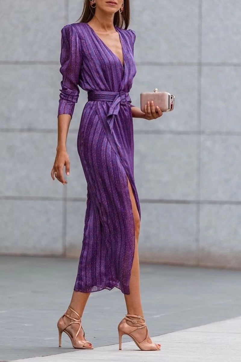 Striped Patchwork Asymmetrical V Neck Waist Skirt Dresses