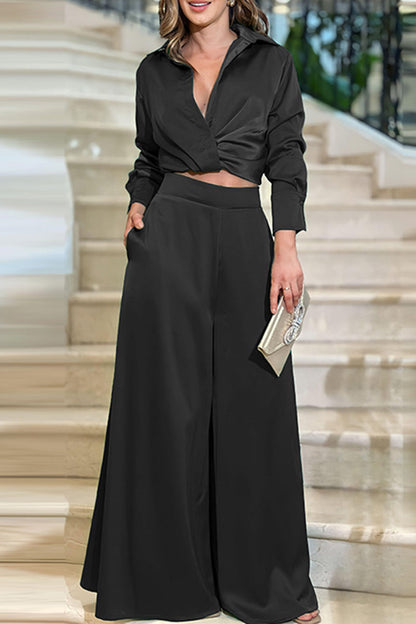 Fold Turndown Collar Long Sleeve Two Pieces
