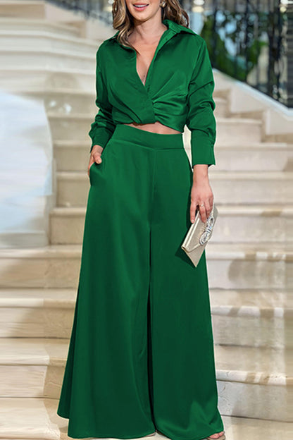 Fold Turndown Collar Long Sleeve Two Pieces