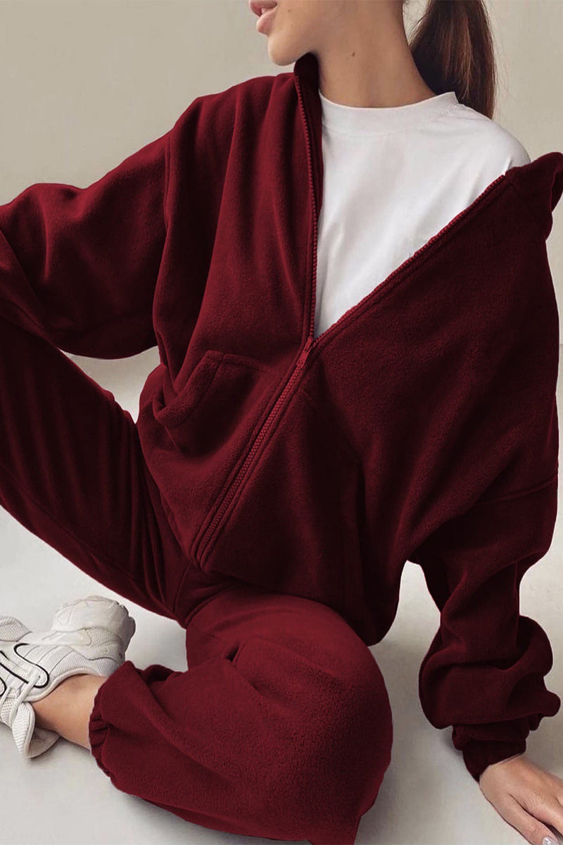 Zipper Hooded Collar Long Sleeve Two Pieces