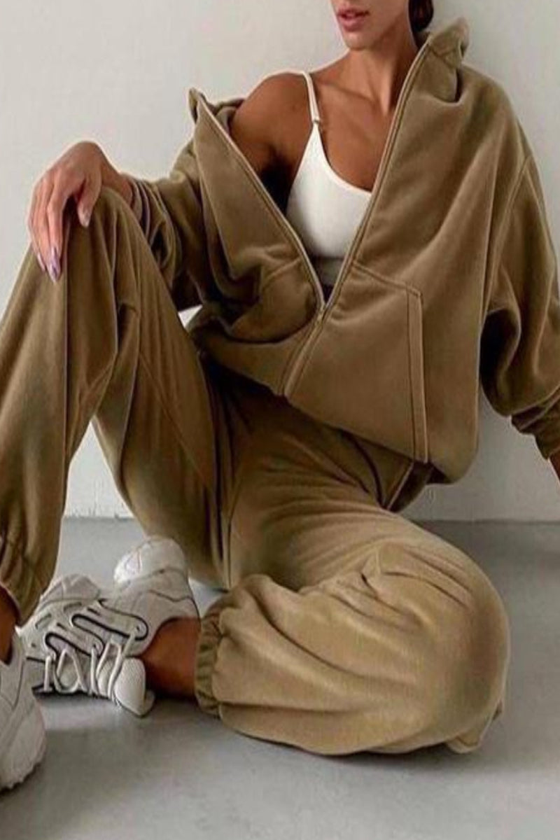 Zipper Hooded Collar Long Sleeve Two Pieces