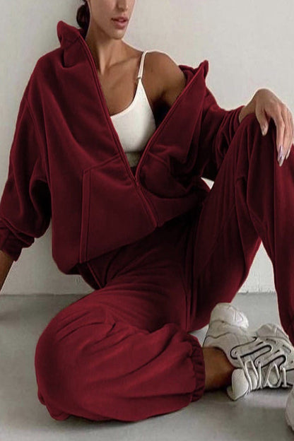 Zipper Hooded Collar Long Sleeve Two Pieces