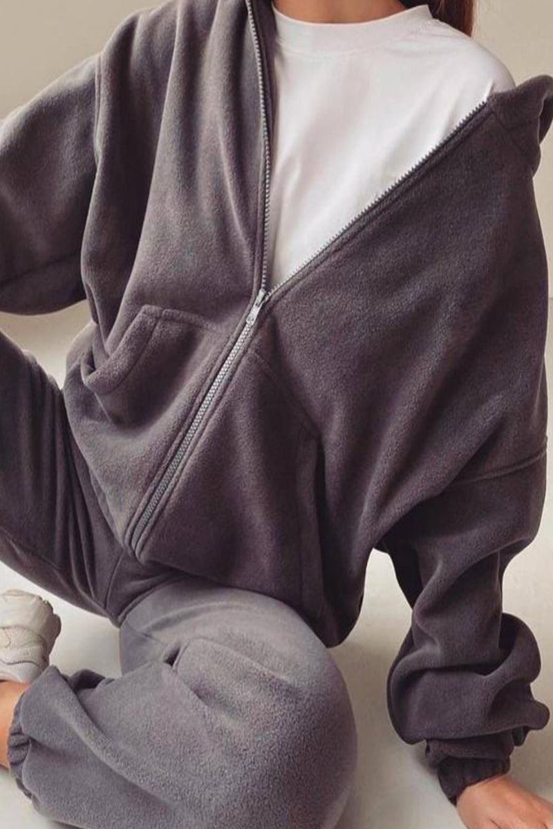 Zipper Hooded Collar Long Sleeve Two Pieces