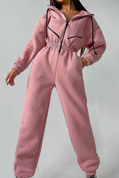 Street Patchwork Hooded Collar Jumpsuits