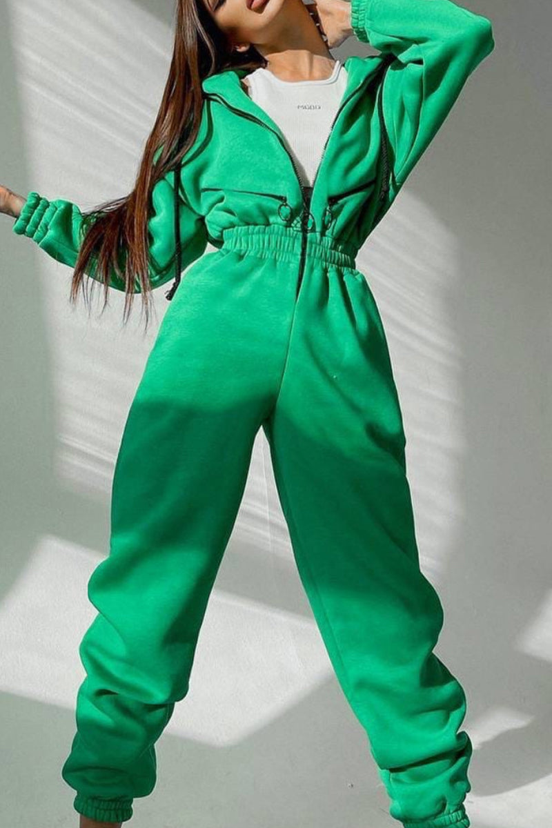 Street Patchwork Hooded Collar Jumpsuits