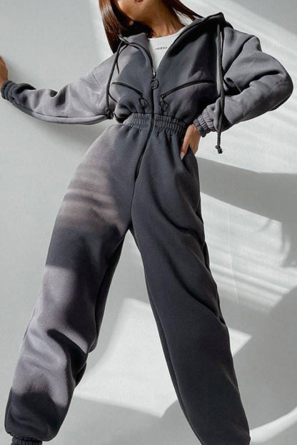 Street Patchwork Hooded Collar Jumpsuits