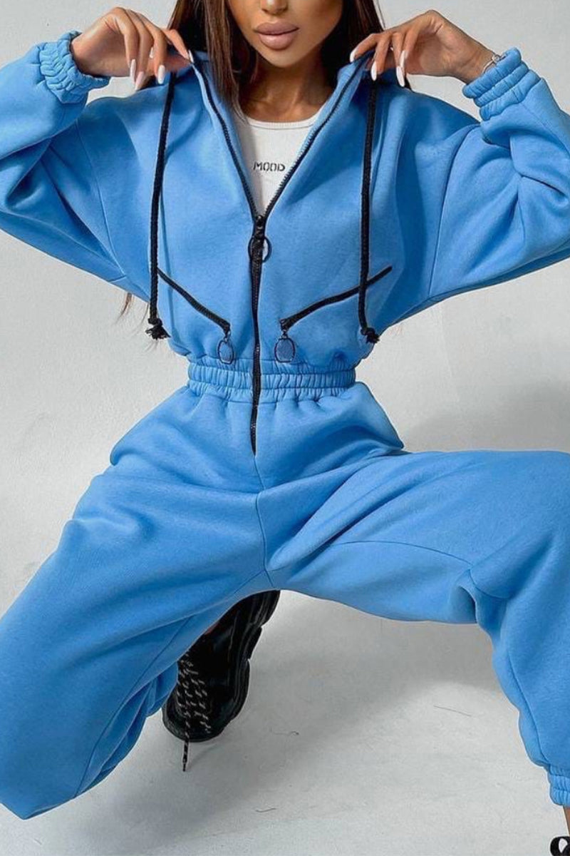 Street Patchwork Hooded Collar Jumpsuits