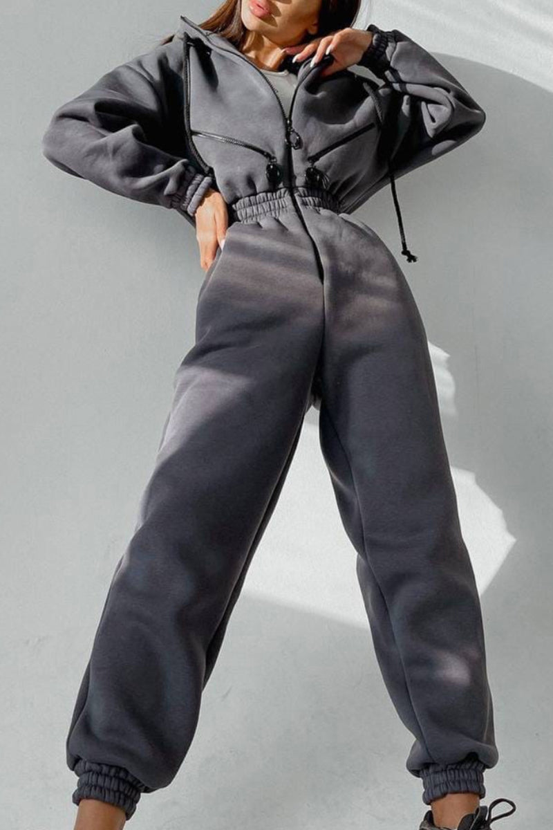 Street Patchwork Hooded Collar Jumpsuits