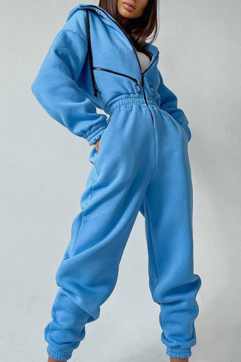 Street Patchwork Hooded Collar Jumpsuits