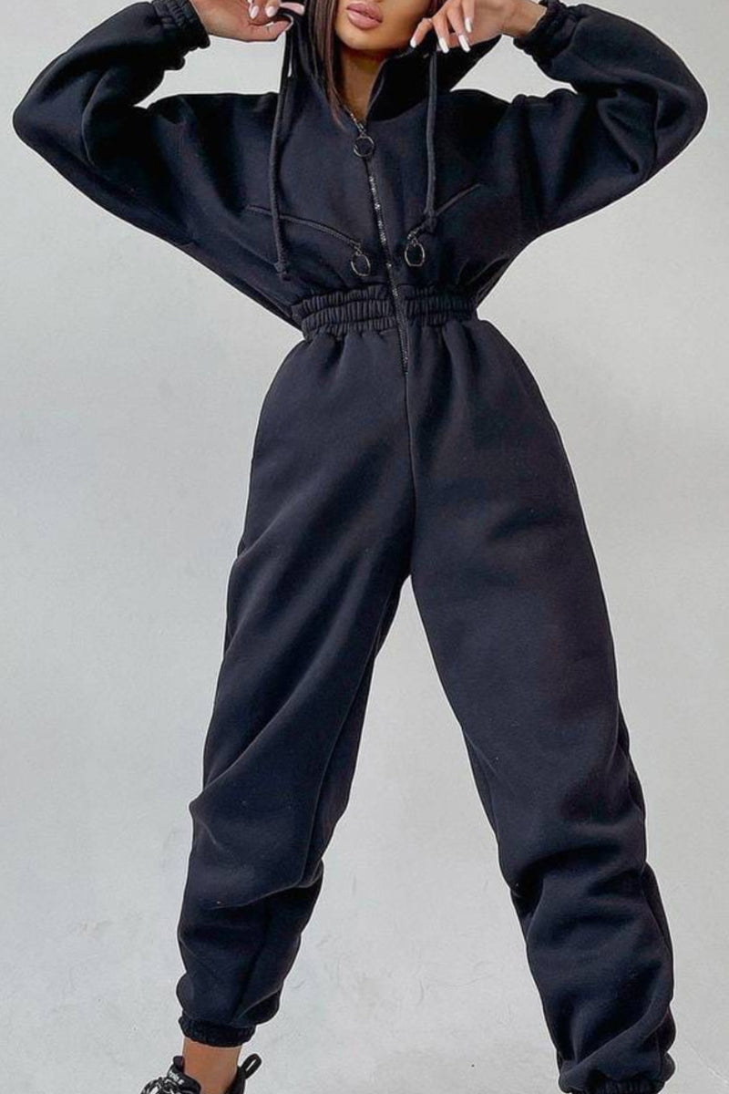 Street Patchwork Hooded Collar Jumpsuits