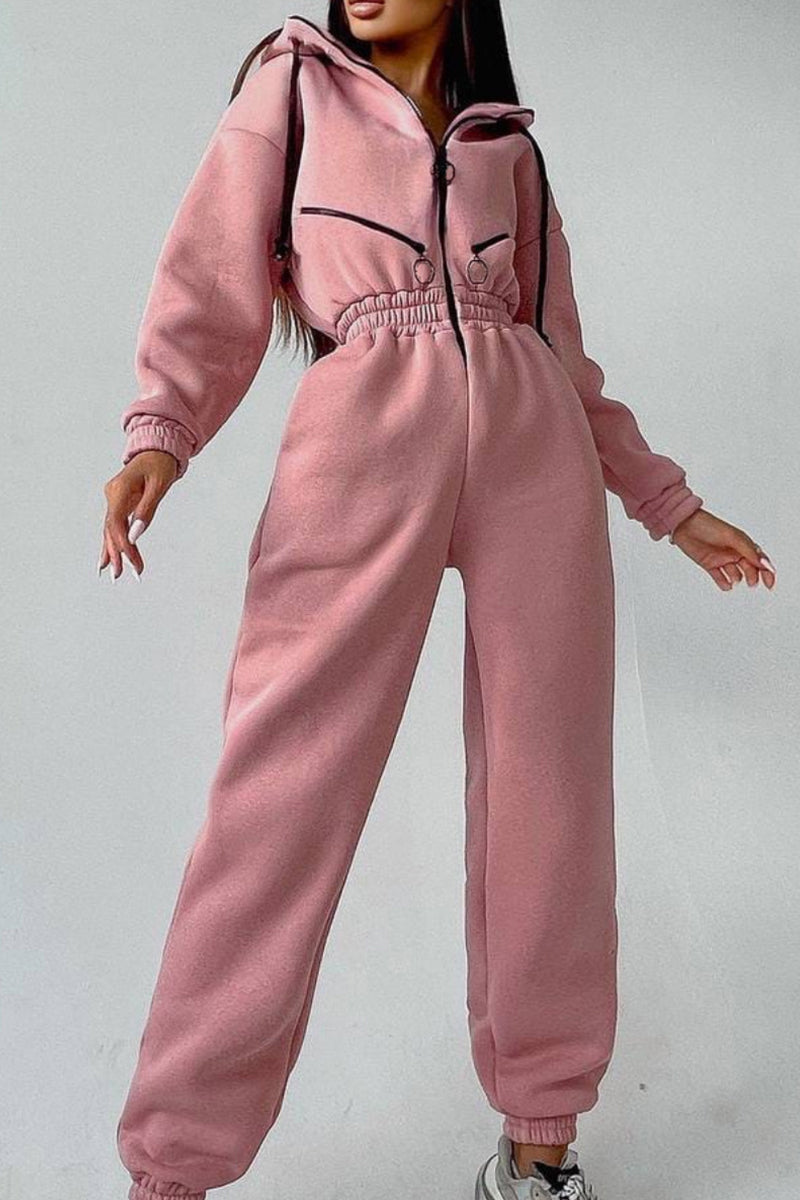 Street Patchwork Hooded Collar Jumpsuits
