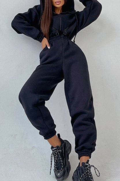 Street Patchwork Hooded Collar Jumpsuits