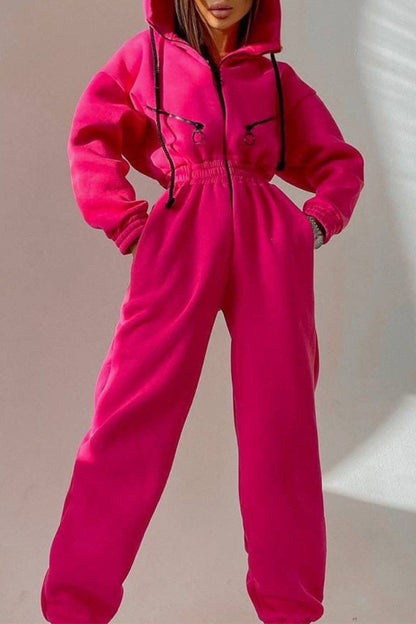 Street Patchwork Hooded Collar Jumpsuits